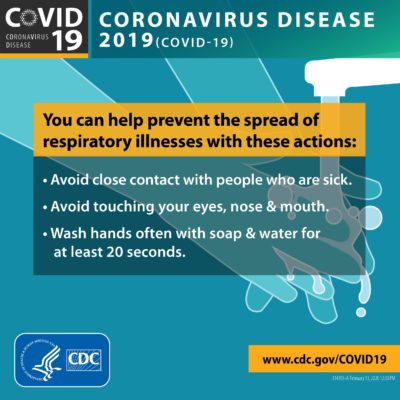 Prevent the spread of COVID-19 by: avoid close contact with people who are sick; avoid touching your eyes, nose and mouth; wash hands often with soap and water for at least 20 seconds.
